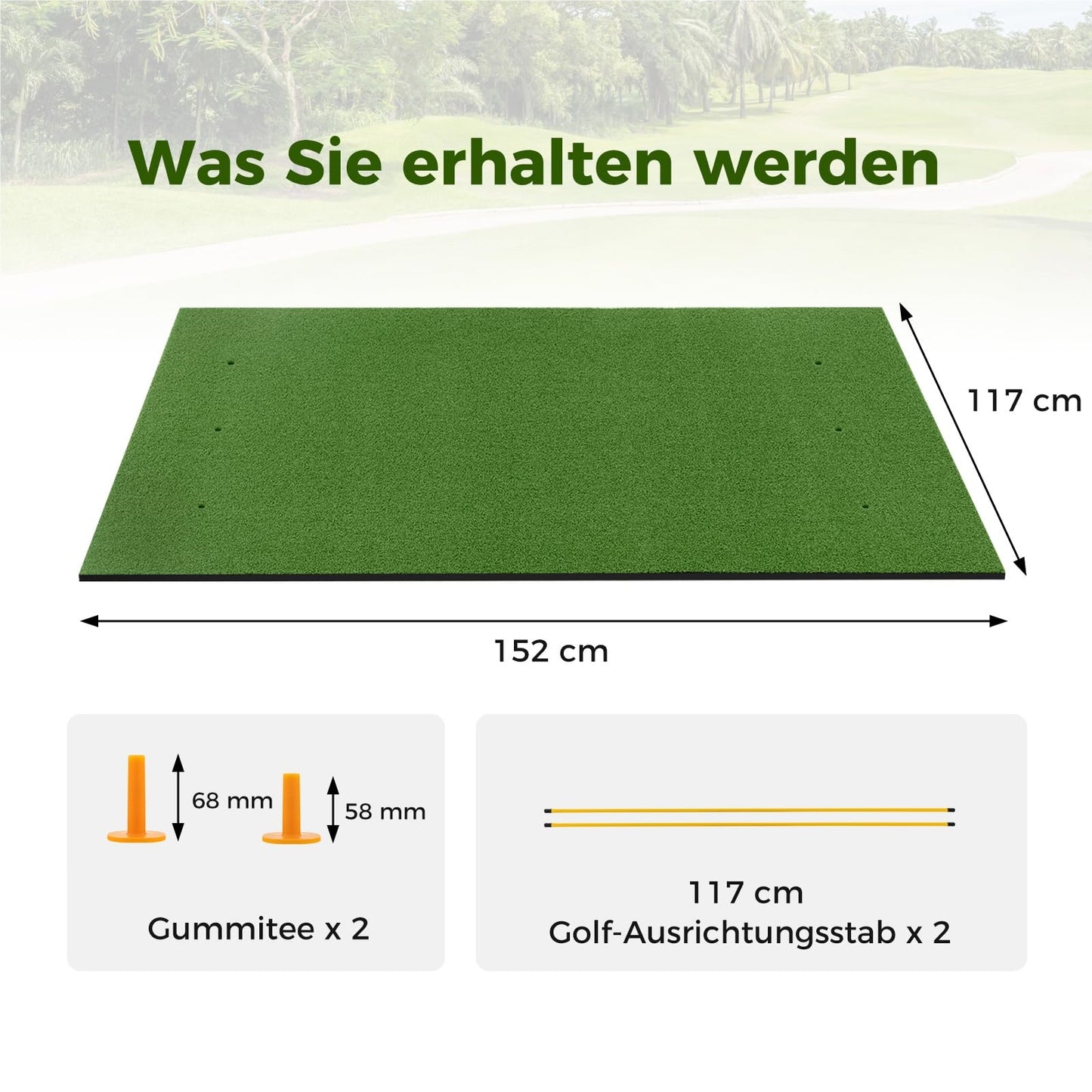Golfmat – Golf oefenmat – Putting mat – Trainingsmat – Teemat – 6 tee-plaatsen – Inclusief 2 alignment sticks – Realistisch kunstgras – Duurzame EVA constructie – Groen – 152x117 cm