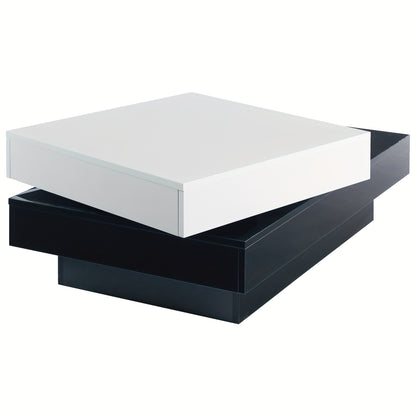 Salontafel – Woonkamertafel – Bijzettafel – Koffietafel – Tafel – Zwart-Wit Met Stiksels – Draaibaar Tafelblad – Hoogglans Afwerking – Dubbel Plateau – Geperst Hout