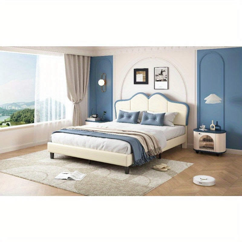 Bedframe – Bedombouw – Bedbodem – Ledikant – Slaapbank – Gevoerd Frame – Veiligheidsranden – 140x200 cm – PU Kunstleer – Wit Blauw
