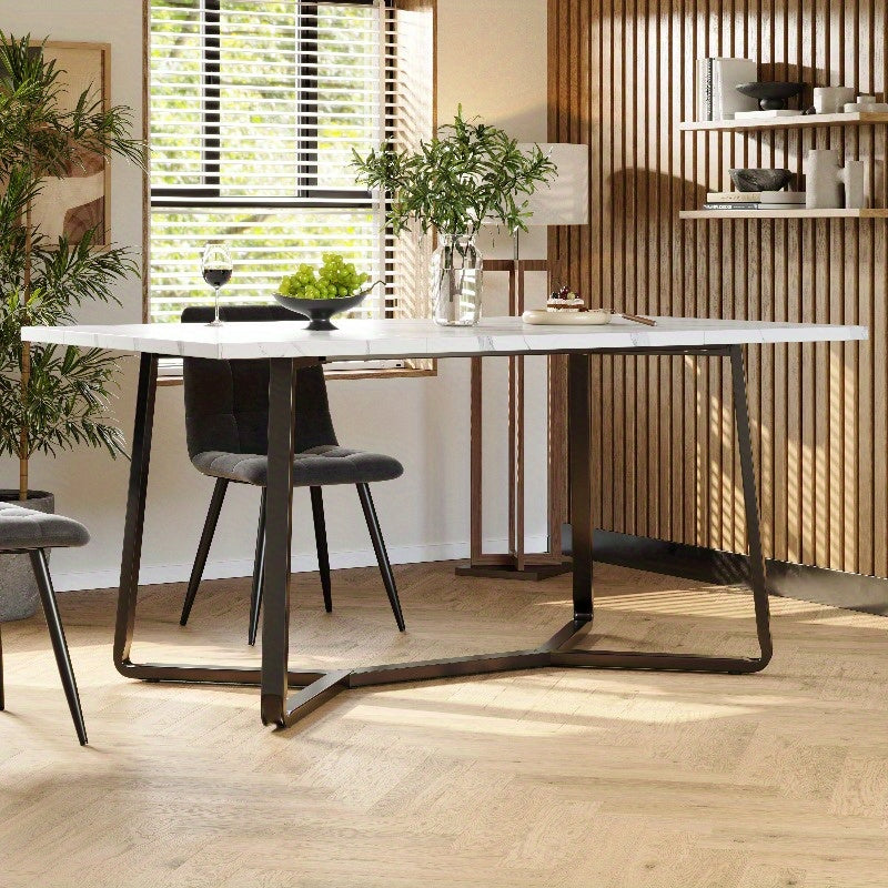 Eettafel – Dinertafel – Tafel – Eetkamertafel – Woonkamertafel – Marmeren MDF Blad – Zwarte Metalen Poten – 138x75x76cm – Klassiek Stijl – Zonder Montage