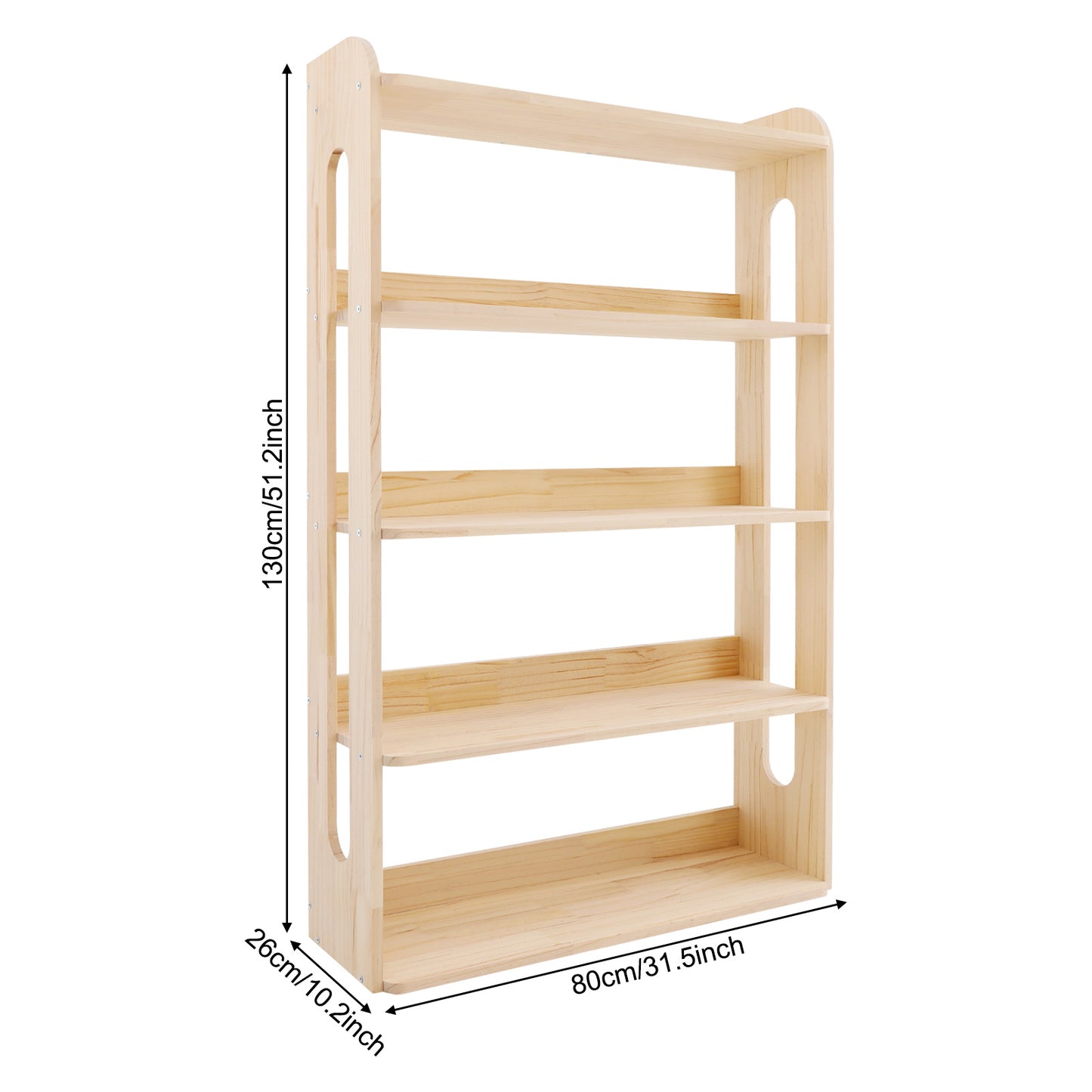 Boekenkast – Boekplank – Opbergkast – Boekrek – Boekstelling – 5-Laags – Onbehandeld Dennenhout – 80x26x130 cm – Ruimtebesparend Design