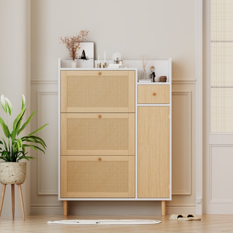 Schoenenkast – Schoenopberger – Schoenrek – Schoenmeubel – Halmeubel – Rattan Opbergkast Met 3 Kleppen – Smal Design Voor Kleine Ruimtes 90x125x17cm