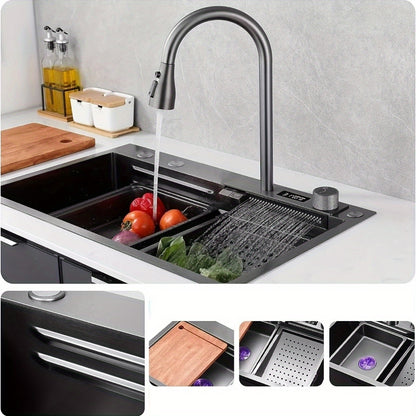 Modern Stainless Steel Kitchen Sink with Multifunctional Faucet Includes Cutting Board, Glass Washer and Drainage Device 68x45cm/80x45cm Rectangular Design for Contemporary Kitchens, Waterfall Design Wooden Cutting Board, Kit