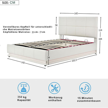 Tweepersoonsbed – Opbergbed – Boxspringbed – Led Bed – Kunstleren Bed – Wit – Met LED-Verlichting – 35 cm Opbergruimte