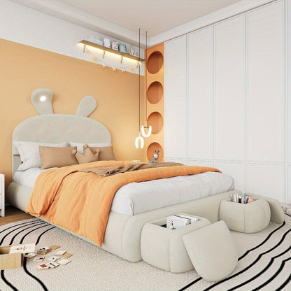 Beige Velvet Opbergbed – Bed Frame Met Opbergruimte – Tweepersoonsbed – Slaapbank – Bed Met Hoofdbord – 140x200 cm – Met Warm Verstelbaar Licht – Inclusief 2 Krukken