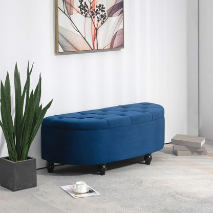 Opbergpoef – Opbergkoffer – Zithocker – Opbergbank – Blauw Fluweel – Klassiek Design – Stevig Houten Frame – Comfortabele Foam Zitting