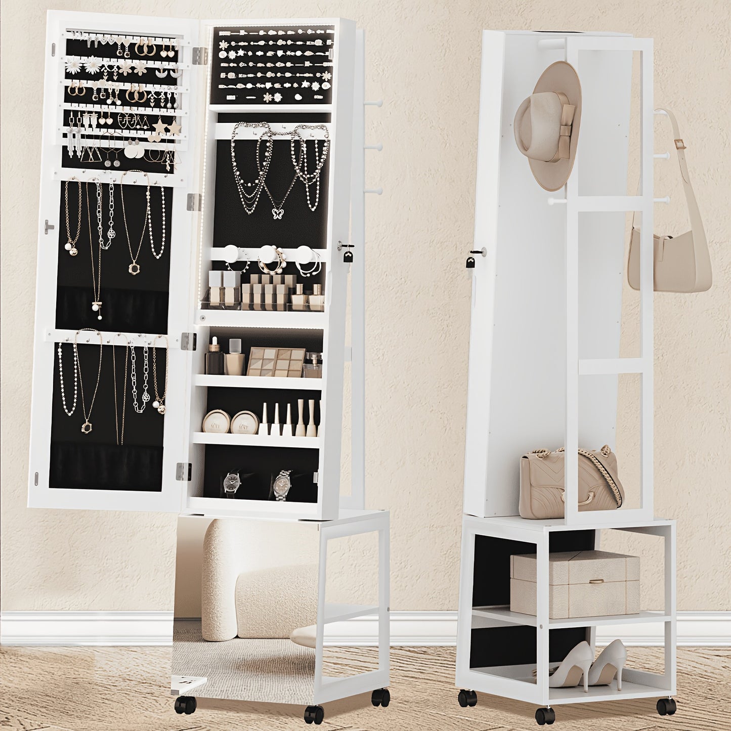 Sieradencabinet – Sieradendoos – Sieradenkast – Make-up Organizer – Opbergmeubel – Met Led-lichtbalken – Volledige Spiegel – Wit Zwart – Vergrendelbaar Met Wieltjes – Hoogwaardige MDF Uitvoering