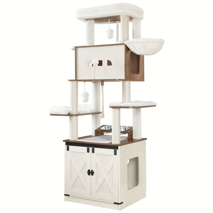 All-in-One Multi-Level Cat Tree Tower with Litter Box & Food Station - 173cm Tall Cat Furniture for Large Breeds, Spacious Platforms, Sisal Scratching Posts, Hammock, Removable Washable Cushions & Plush Balls - Compatible wit - QUORE