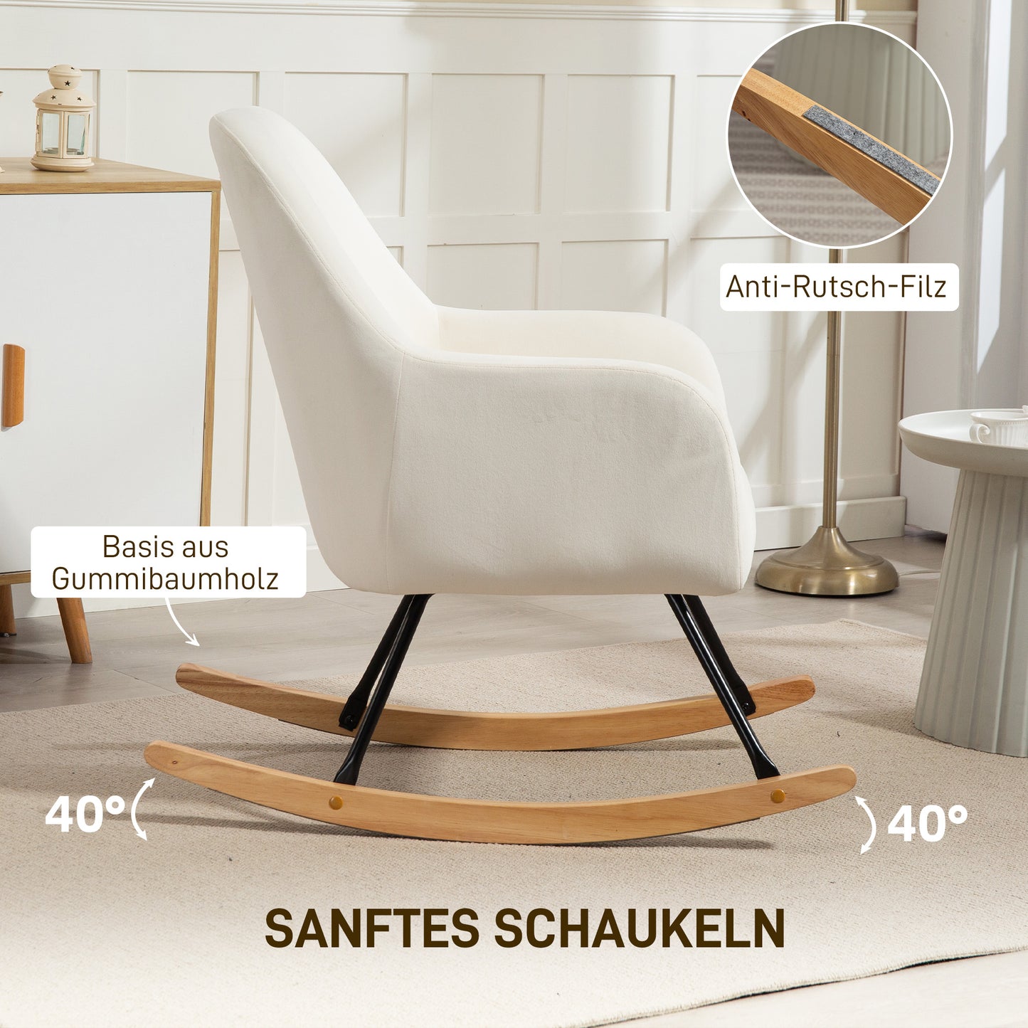 Schommelstoel – Schommelstoel Met Bekleding – Wiegstoel – Relaxstoel – Lounge Stoel – Creme Wit – Zachte Velvet Bekleding – Brede Ergonomische Rugleuning