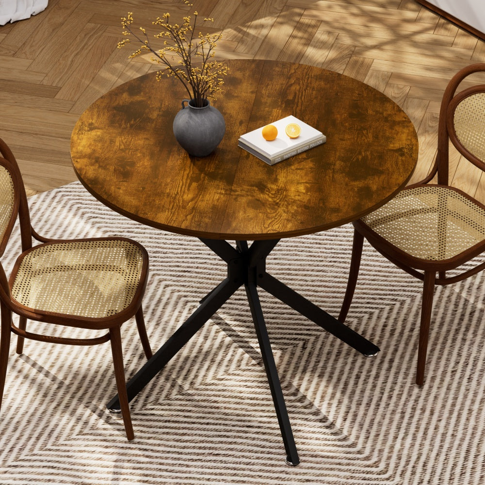 Ronde Eettafel – Eettafel Klein – Keukentafel Rond – Tafel Compact – Tafel 90 Cm – Stevige Zwarte Metalen Poten – Ruimtebesparend Bruin Spaanplaatblad