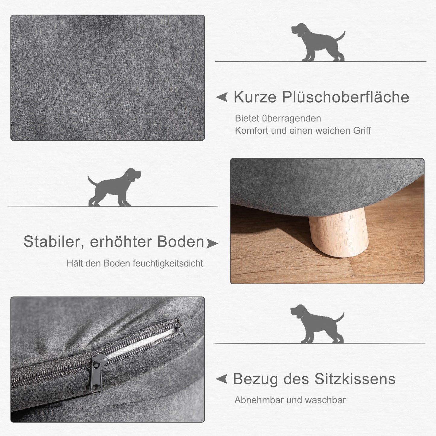 Huisdierbank – Hondenbank – Kattenbank – Dierenbed – Huisdiersofa – Antraciet Grijs – Zacht Pluche Kussen – Stevig Dennenhouten Frame 70 x 47 x 30 cm