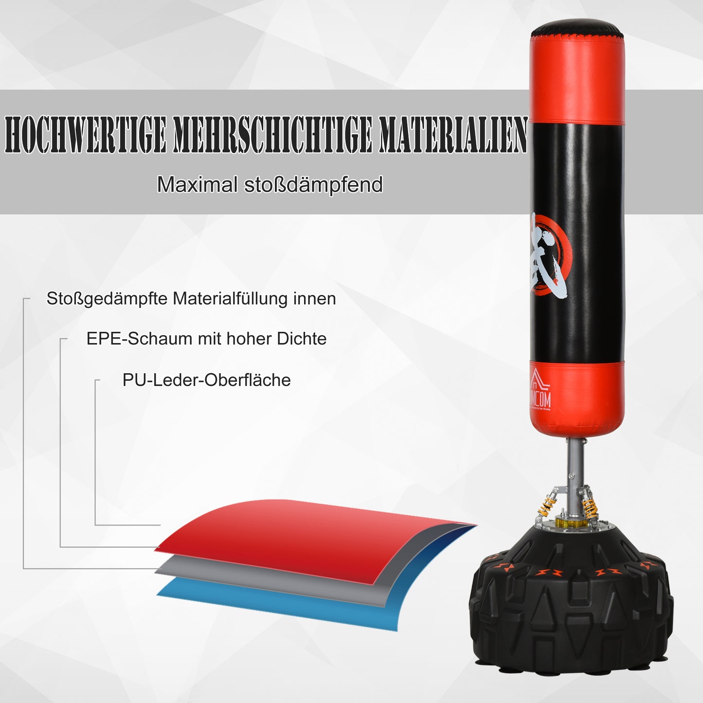 Bokszak – Boksbal – Bokspaal – Boksdummy – Trainingspartner – Vrijstaand Met Zuignappen – Duurzaam PU – 180 cm Hoog – Zwart/Rood