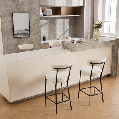 Set of 2 - Heavy-Duty Commercial/Residential Bar Stools with Backrest & Footrest, Modern Counter Height Chairs - No Assembly Needed, Sturdy Metal Legs & Boucle Upholstery - for Kitchen Island, Dining Room, Home Bar - Easy-Cle