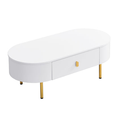 TV Meubelset – Tv Meubel – Salontafel – Lowboard – Woonkamermeubel – Afgeronde Vormen – Gouden Accenten – MDF Wit – Ruime Lades