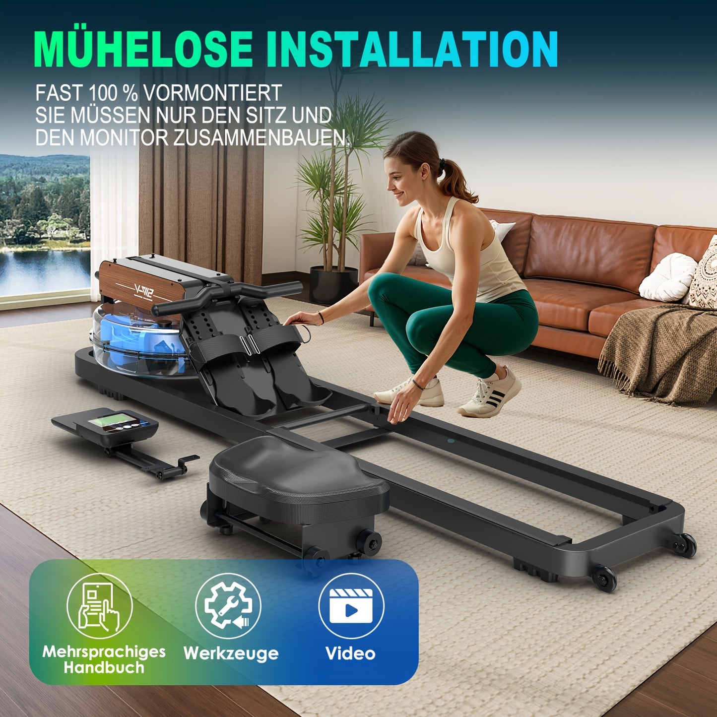 VOWVIT Foldable Water Rowing Machine for home Gym - Wireless Row Rower with Oak Wood Frame, Heavy-Duty Full-Size Training Device Suitable for s & Seniors, Space-Saving Equipment