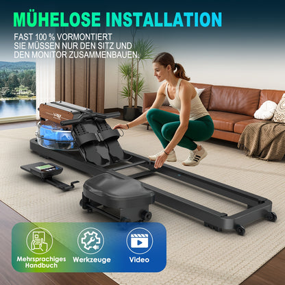 VOWVIT Foldable Water Rowing Machine for home Gym - Wireless Row Rower with Oak Wood Frame, Heavy-Duty Full-Size Training Device Suitable for s & Seniors, Space-Saving Equipment