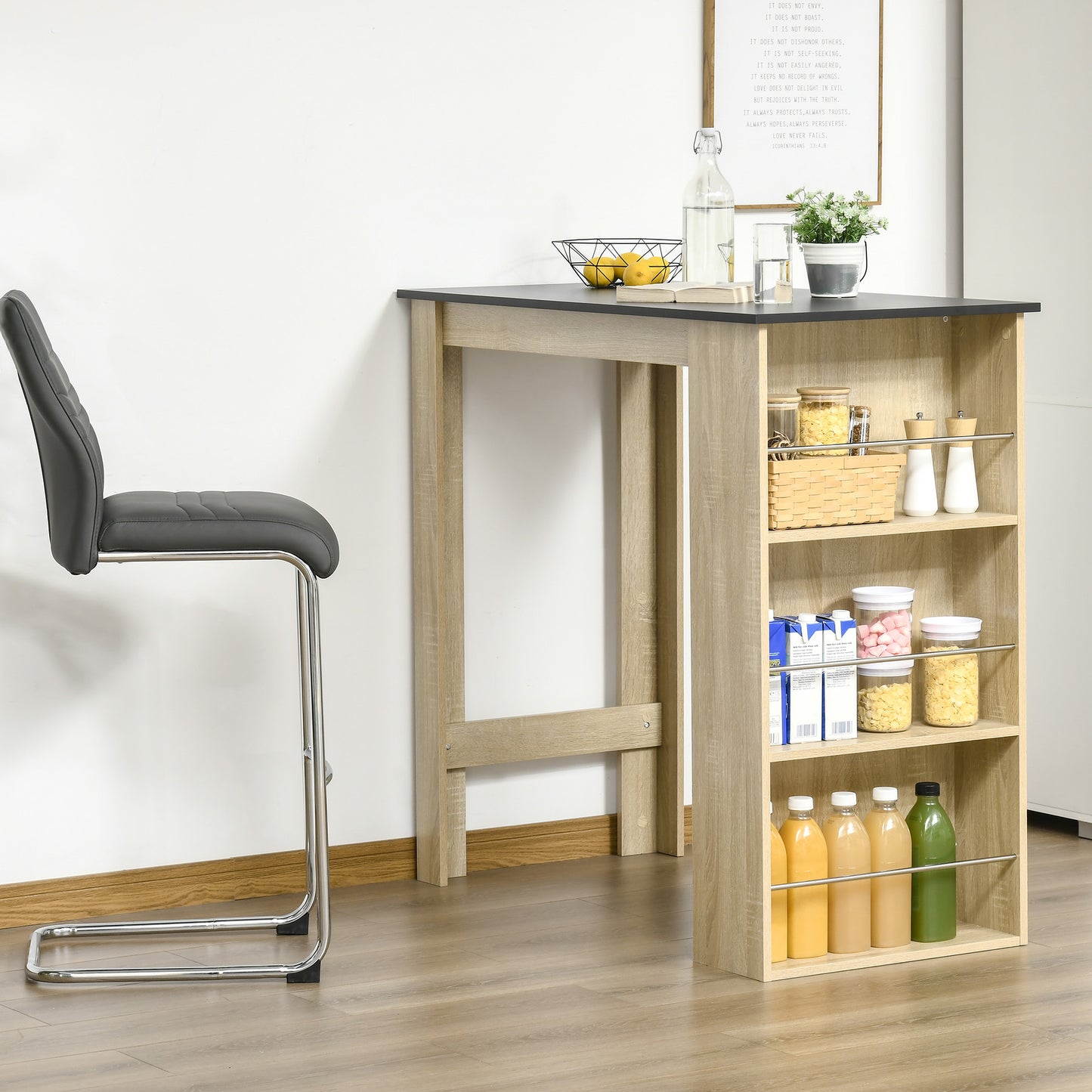 Bartafel – Statafel – Hoektafel – Hoge Keukentafel – Bistrotafel – Licht Eikenhout – Met 3 Open Planken – Afmetingen 112x57x106 cm