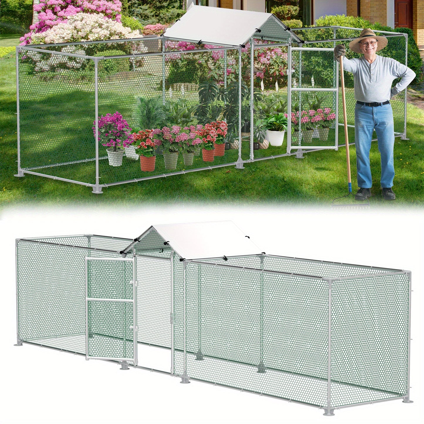 LZQ 4x1m/5x1m Metal Chicken Coop with Sunshade, Door & Latch - Sturdy Rust-Resistant Iron Frame, Half-Enclosure Design for Garden Birds, Ducks, Small Animals - No Electricity Needed, Chicken Coop Accessories, Durable Construc