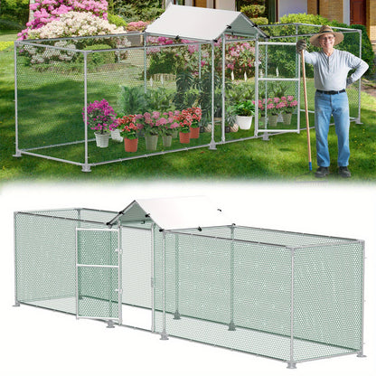 Kippenren – Kippenhok – Buitenren – Pluimveestal – Hennenhok – Met Halfrond PE Zonwering – Stevig Gegalvaniseerd Stalen Frame – 5x1x1,5 Meter – Geen Elektriciteit Nodig