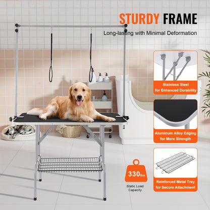 Trimtafel Hond – Trimbank Honden – Hondenverzorgingstafel – Grooming Tafel – Opvouwbare Verzorgingstafel – Dubbele Armen – Met Opbergrek – Stevig Metalen Frame – Roestvrijstalen Afwerking