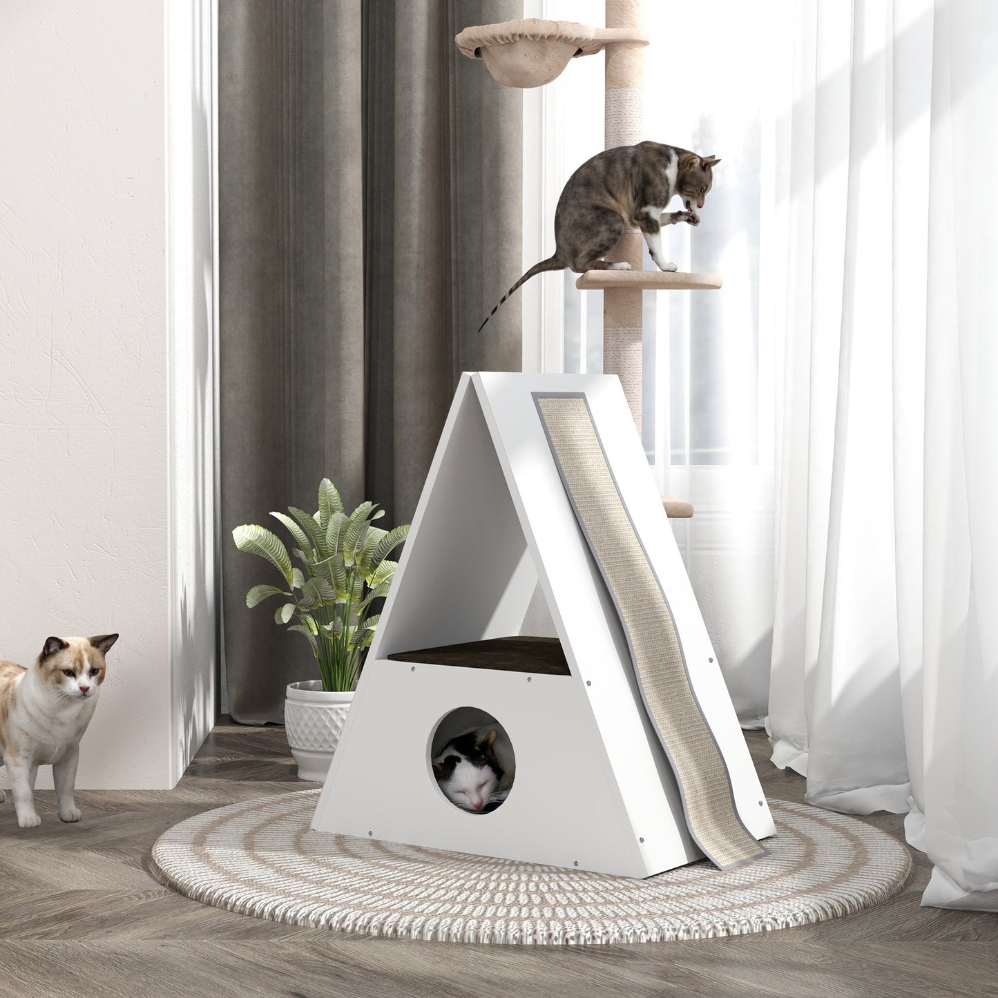 Kattenhuis – Kattenmand – Kattenhol – Kattenhut – Kattenverblijf – 2 Verdiepingen Met Matten – 4 Sisal Krabpalen – Hout – Wit-Beige