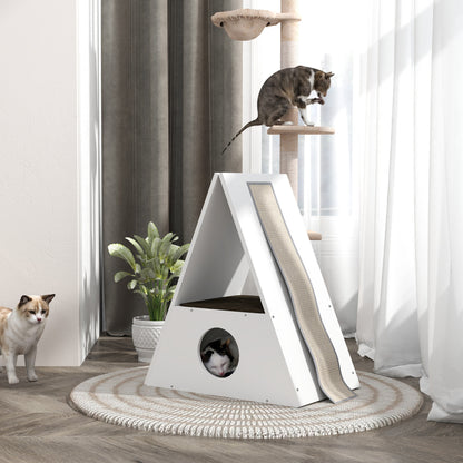 Kattenhuis – Kattenmand – Kattenhol – Kattenhut – Kattenverblijf – 2 Verdiepingen Met Matten – 4 Sisal Krabpalen – Hout – Wit-Beige