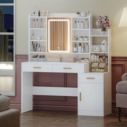 Kaptafel – Make-up tafel – Schminktafel – Dressoir – Beauty tafel – Wit – Verstelbare LED-verlichting – Ruim werkblad 130 cm met opberglades en kast