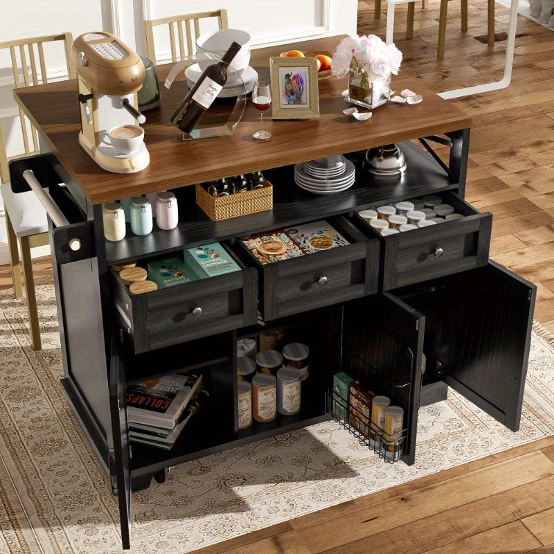 Modern Kitchen Island Cart 118x43x80x98cm - Metal Frame with Wood Grain Black Finish, 4 Locking Wheels, Removable Partitions & Towel Holder, Multifunctional Storage Cabinet for Dining & Living Spaces, Kitchen Furniture, Versa