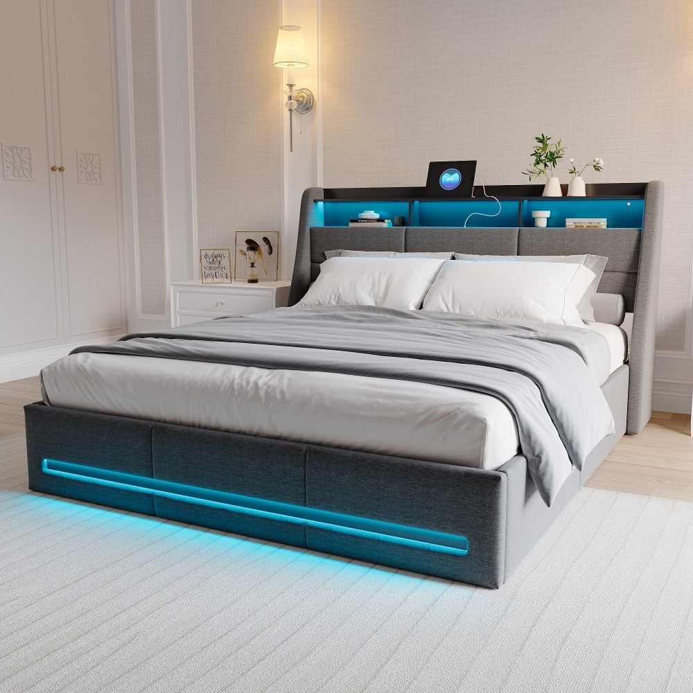 Gestoffeerd Tweepersoonsbed 160x200 – Opbergbed – Slaapbank – Bedframe – Boxspringbed – Hydraulische Opbergruimte – Grijze Linnen Bekleding