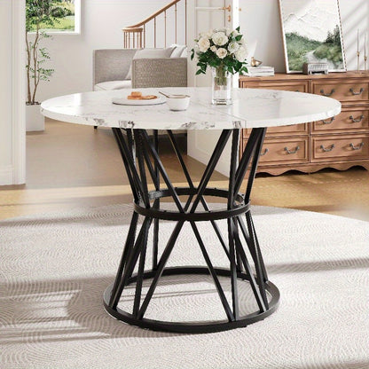 Ronde Eettafel – Tafeltje – Keukentafel – Eettafel Rond – Tafel 4 Personen – Marmeren Blad – Zwart Metalen Tripod Onderstel – 100x100x76 cm – Duurzaam & Stijlvol