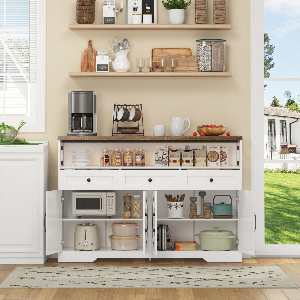 Buffet Sideboard with Storage Space | Coffee Bar with 3 Drawers, Rustic-Style Shelving Unit with Doors, Cabinet with Shelves | Suitable for Kitchen, Living Room, Hallway | Rustic Style in White/Brown