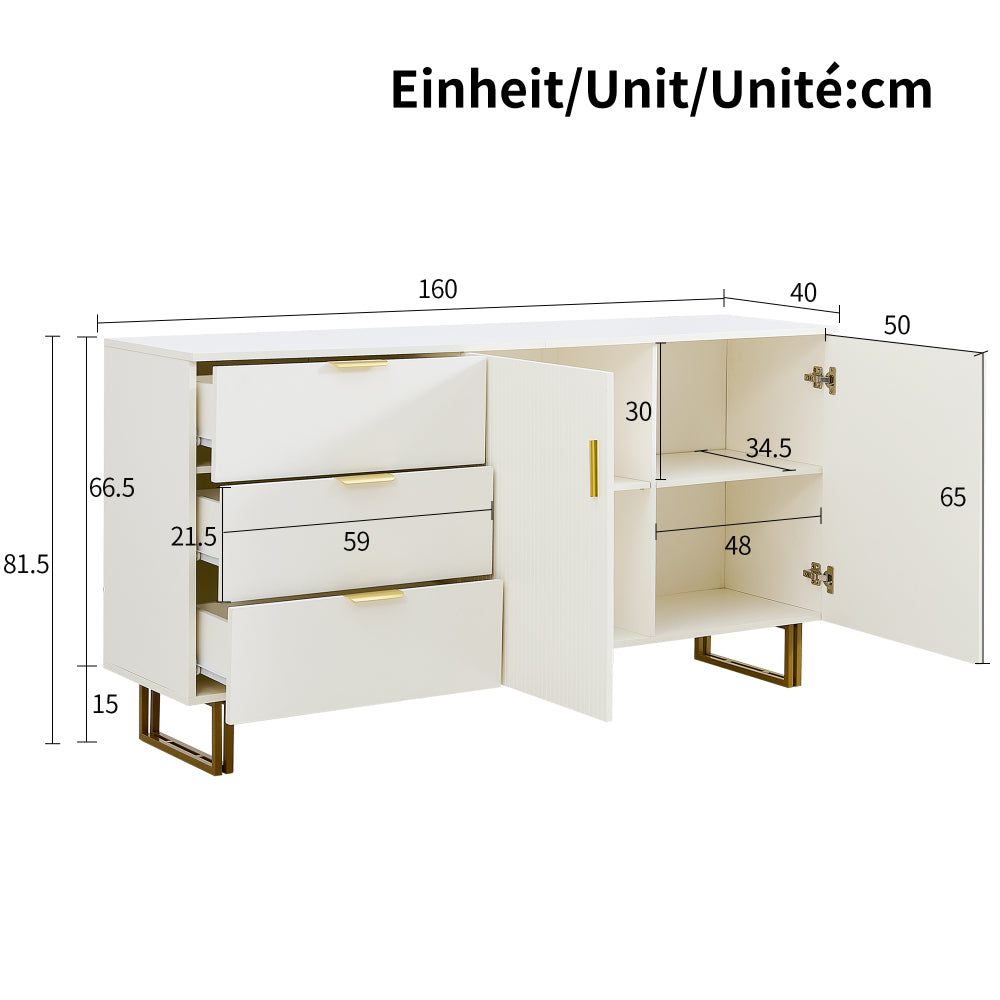 Dressoir – Opbergkast – Ladekast – Buffetkast – Sideboard – Modern Design – MDF Wit – 160 cm – Gouden Handgrepen – Robuuste Stalen Poten