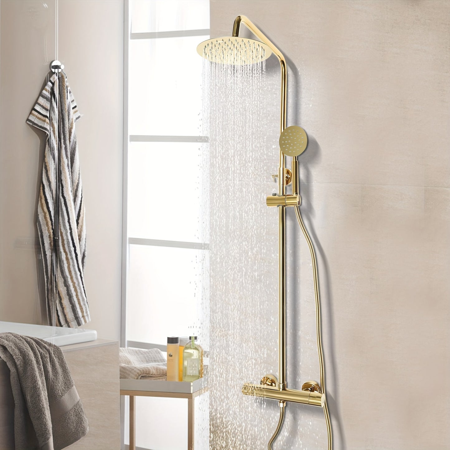 Goudkleurig Douchesysteem – Douche Set – Regendouche – Douchekolom – Thermostaatkraan – Antikalkfilter – 360° Draaibare Regendouche – Messing & Roestvrij Staal