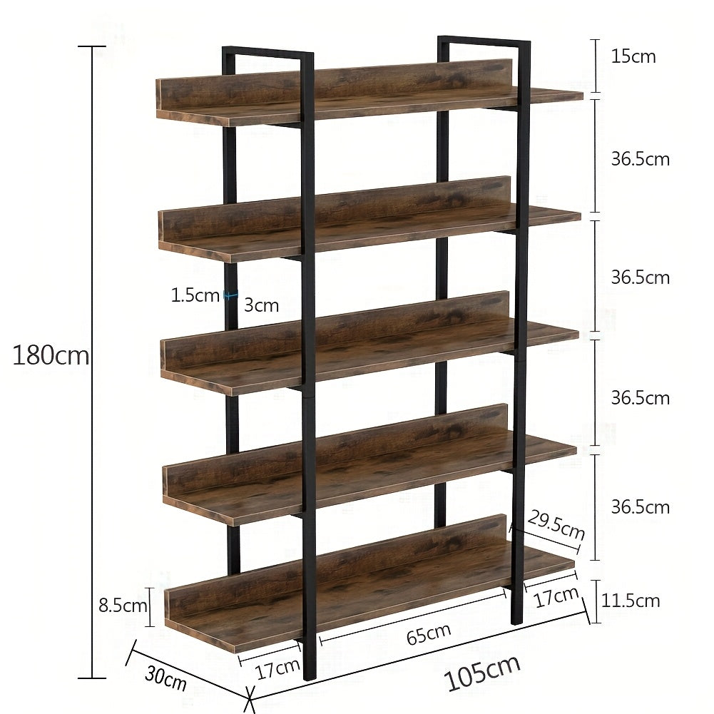 Industrieel Boekenkast – Open Kast – Opbergrek – Boekenplank – Stellingkast – Vintage Bruin – Stalen Frame – 5 Laags Met Kunststof Hout – Compact En Vrijstaand – Eenvoudige Montage