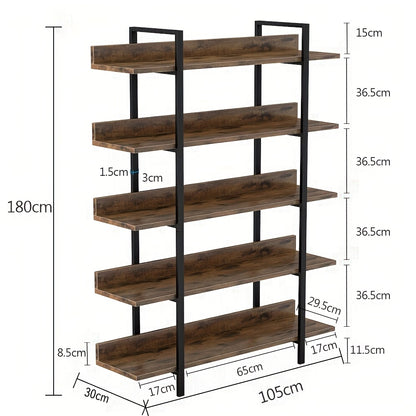 Industrieel Boekenkast – Open Kast – Opbergrek – Boekenplank – Stellingkast – Vintage Bruin – Stalen Frame – 5 Laags Met Kunststof Hout – Compact En Vrijstaand – Eenvoudige Montage