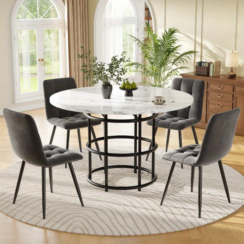 Eettafelset – Eethoek – Eetkamerset – Keukentafelset – Zitgroep – Ronde 100 cm Tafel – Wit Marmerlook Plastic Blad – Grijze Stoffen Stoelen – Compact & Onderhoudsvriendelijk