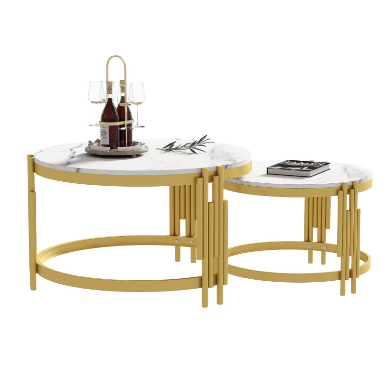 Modulaire Salontafel Set – Koffietafel – Bijzettafel – Ronde Tafels – Marmerlook Tafel – Gouden Metalen Frame – Twee Maten – Licht & Stevig Design