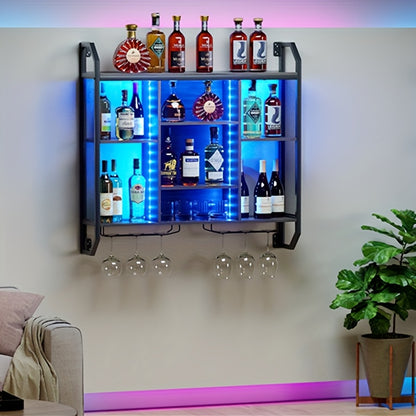 Wijnrek Wand – Wijnfleshouder – Glazenrek – Wandrek – Opbergrek – Zwart Metaal Hout – Verstelbare Legplanken – 2-in-1 Wijn- en Glazenhouder