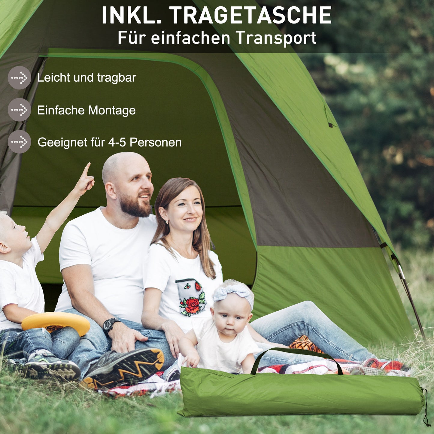 Groene Tent – Kampeertent – Reistent – Autotent – Buitentent – 4-5 Persoons – Stevig Polyester & Lichtgewicht Glasvezel Frame – Ruime Stahoogte 230 cm