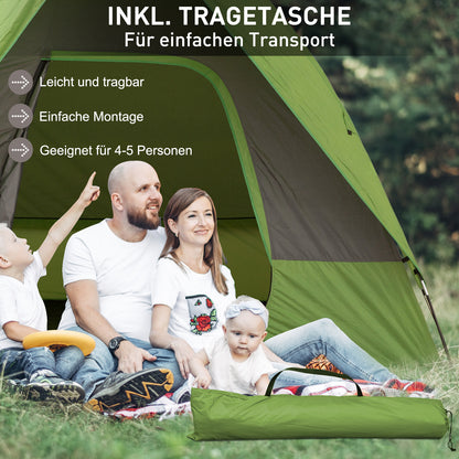 Groene Tent – Kampeertent – Reistent – Autotent – Buitentent – 4-5 Persoons – Stevig Polyester & Lichtgewicht Glasvezel Frame – Ruime Stahoogte 230 cm