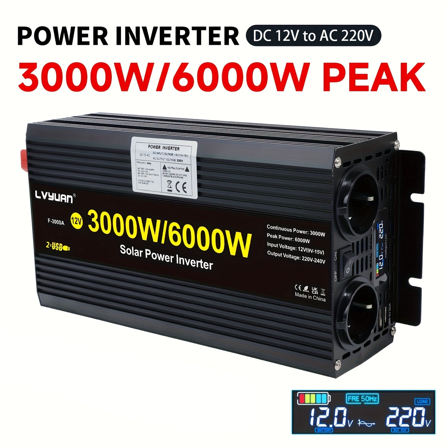 Omvormer 3000W – Stroomomzetter – Spanningsomzetter – Inverter – Power Converter – 6000W Piekvermogen – LCD-Display – 2x AC Uitgang & 2x USB Poorten