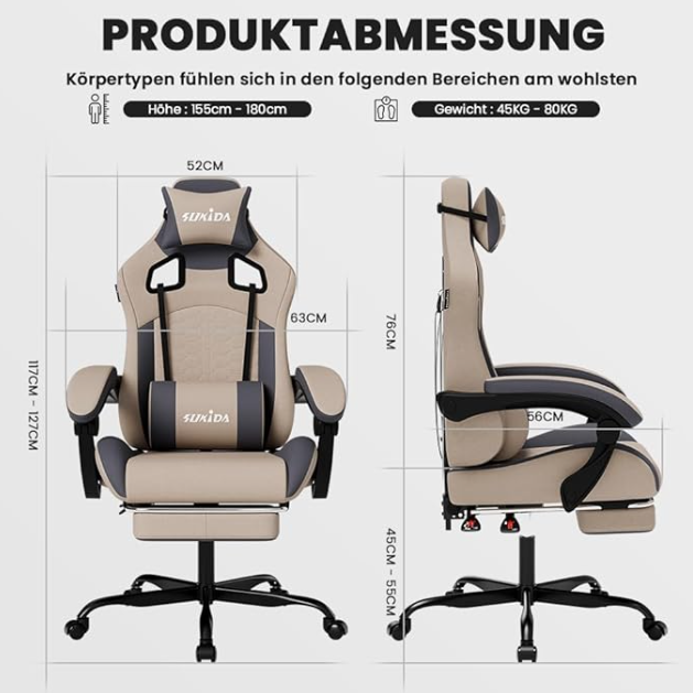 Gamingstoel – Esports Stoel – Ergonomische Bureaustoel – Racestoel – Gamingfauteuil – Verstelbare Rugleuning – Voetensteun – Hoogwaardig PU-leer – Beige Grijs