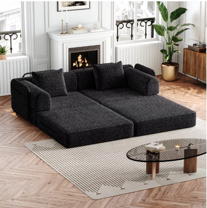 2-In-1 Chenille Sofa Bed – Slaapbank – Bedbank – Loungebank – Opklapbare Bank – Met Opbergruimte in Armleuning – Drie Verstelbare Metalen Frames – Zwart - QUORE