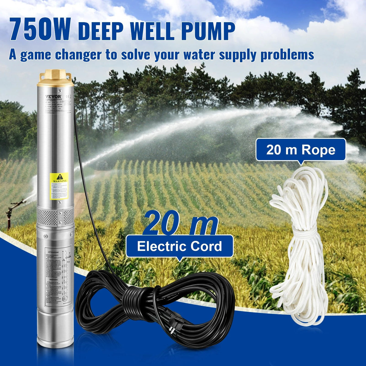 Vevor - Water pump - Deep well submersible pump - 750W - 230V - 50Hz stainless steel - for industrial irrigation and home use - Silver
