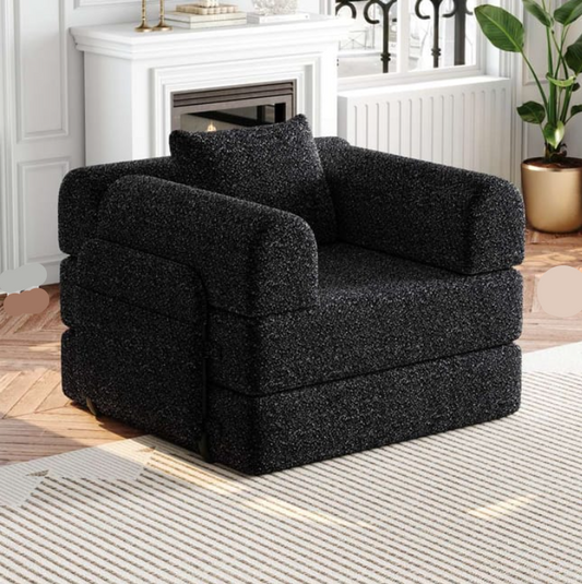 2-In-1 Chenille Sofa Bed – Slaapbank – Slaapstoel – Schuifbed – 1-Zits Zwart – Opbergvak in Armleuning – Stevige Drie Metalen Frame Constructie - QUORE