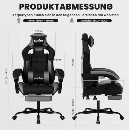 Gamingstoel – Gamestoel – Gaming Chair – Game Stoel – Esports Chair – Ergonomisch Ontwerp – Inklapbare Voetensteun – Verstelbare Rugleuning – PU-Leer – Geschikt Voor Harde Vloeren – Max 150 kg – Diepgrijs