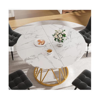 Eettafel – Ronde Tafel – Keukentafel – Eetkamertafel – Salontafel – Wit Marmerblad – Gouden Metalen Poten – 100x100x76 cm – Geschikt Voor 4 Personen
