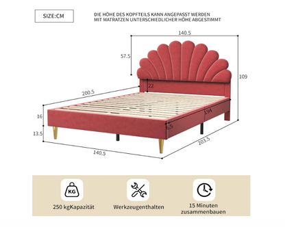 Tweepersoonsbed – Bedframe – Boxspring – Bed – Slaapbed – Rood Fluwelen Bekleding – 140 x 200 cm – Stevig Houten Frame