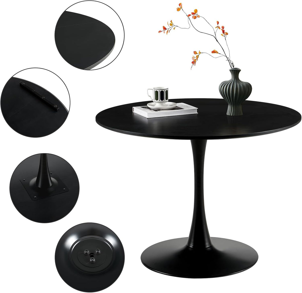 Scandinavian Modern Round Dining Table, Desk, Bar Table, Suitable for Kitchen, Dining Room, Living Room and Office, for 2-4 People, Diameter 100 cm, Black - QUORE
