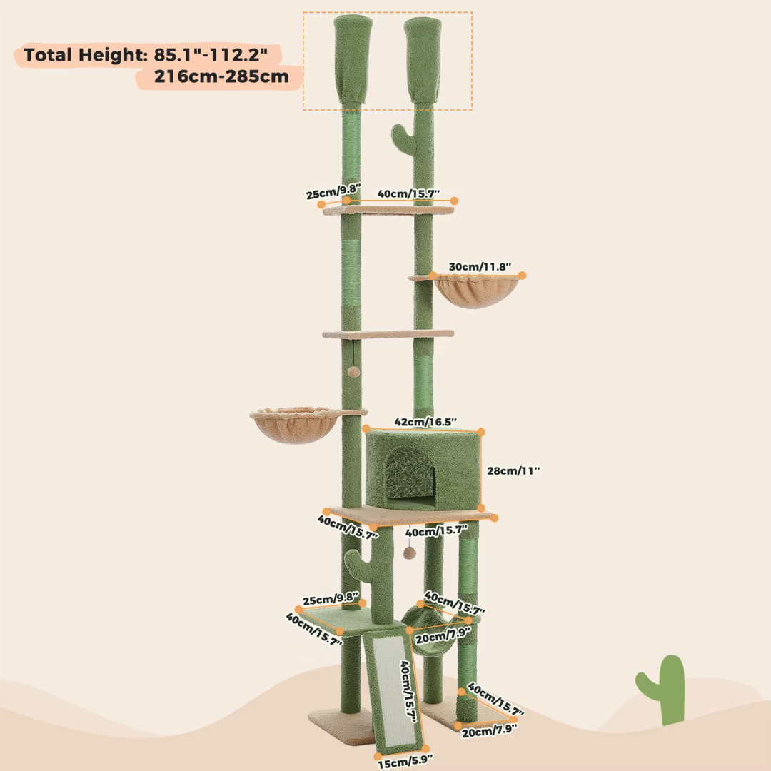 Cactus Kattentoren - Verstelbare Krabpaal met Sisal - Hangmat en 2 Mandjes - Kattenmeubel voor Meerdere Katten - Hoogte 216-285cm - Groen